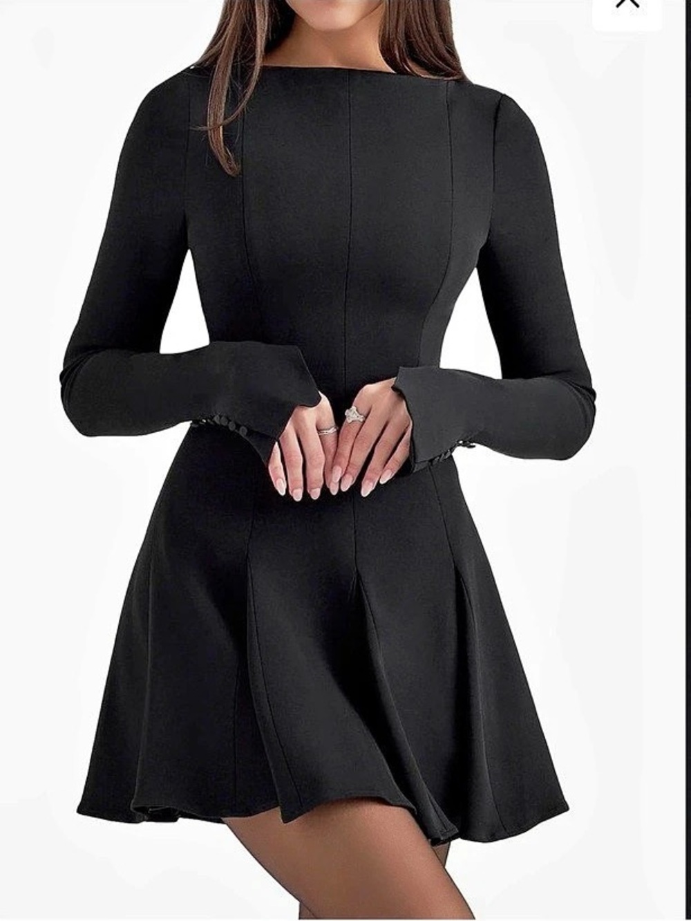 House of CB Francesca Black Stretch Crepe Godet Long Sleeve Mini Dress - Picture 2 of 8